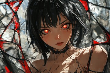 Close-up portrait of a stylized female figure.