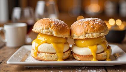 Delicious breakfast sandwiches with egg and cream sauce  