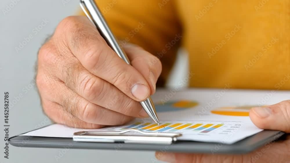 Aufkleber analytical insights: close-up shot of a professional's hand diligently analyzing data on a clipboard