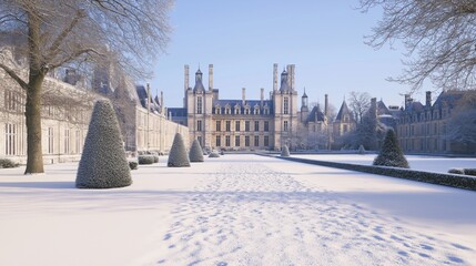 Winter's Embrace: A historic property enveloped in a blanket of pristine snow under a clear, bright sky. Elegant architecture and manicured gardens.