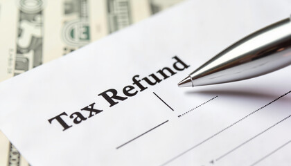 Fototapeta premium Tax Refund Form Completed with Pen and Cash Background 