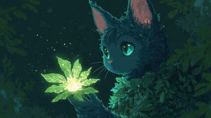 Nocturnal creature holding luminous plant.