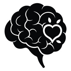 Flat Black Vector Silhouette of Brain with Heart Symbol Representing Love and Emotional Intelligence on White Background