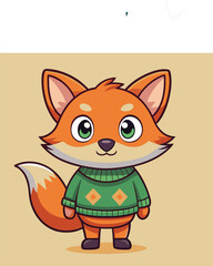 Obraz premium Cute cartoon fox character, big expressive eyes, orange fur, fluffy tail, wearing green Christmas sweater with tree pattern