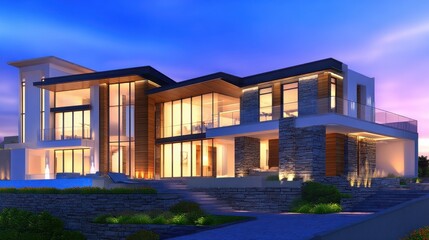Modern architectural masterpiece with large glass windows set against a vibrant sunset backdrop