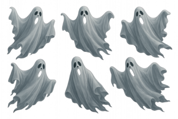 cute and spooky cartoon ghost characters with different expressions and shapes, isolated on transparent background.