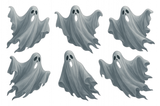 cute and spooky cartoon ghost characters with different expressions and shapes, isolated on transparent background.