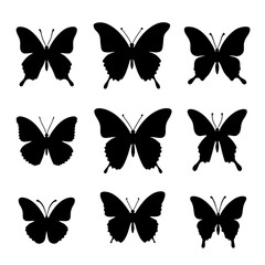 Set of black silhouettes of butterflies on white background