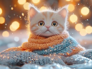 Cute kitten wrapped in cozy winter scarf.