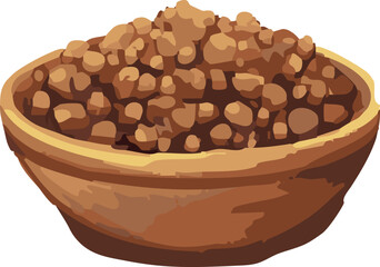 This illustration features a wooden bowl filled with jaggery granules, a traditional unrefined sugar used in South Asian and African cuisines.