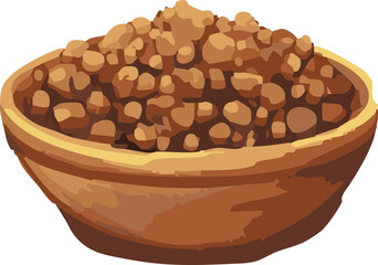 This illustration features a wooden bowl filled with jaggery granules, a traditional unrefined sugar used in South Asian and African cuisines.