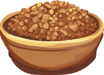 This illustration features a wooden bowl filled with jaggery granules, a traditional unrefined sugar used in South Asian and African cuisines.