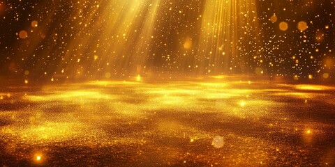 Sparkling Golden Glitter Background with Light Rays Shimmering Gold Dust Particles Abstract Texture Perfect for Festive Designs or Luxury Projects
