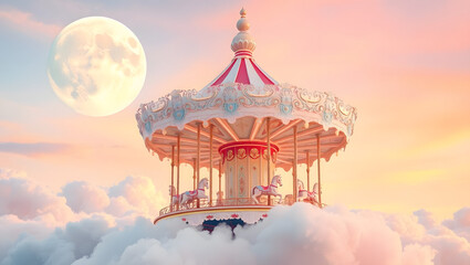 Obraz premium Dreamlike Carousel Floating on Clouds A Surreal Fairytale Scene
