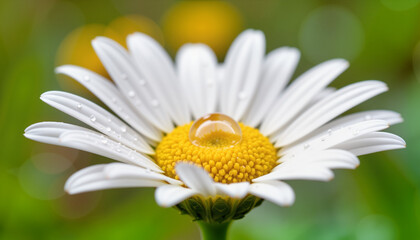 Obraz premium Close-up Daisy Flower with Water Droplet on Green Background 