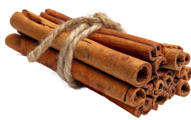 A close-up shot of a bundle of cinnamon sticks tied together with twine. The warm, reddish-brown color of the sticks is inviting.
