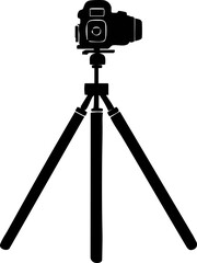 A black and white minimalist vector illustration of a camera mounted on a tripod, depicted in a technical, schematic style.