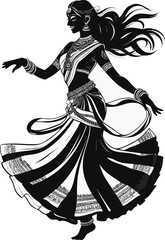 The black-and-white illustration portrays a graceful Indian classical dancer mid-movement, wearing traditional attire and jewelry, with flowing hair and an elegant pose capturing the spirit of cultura