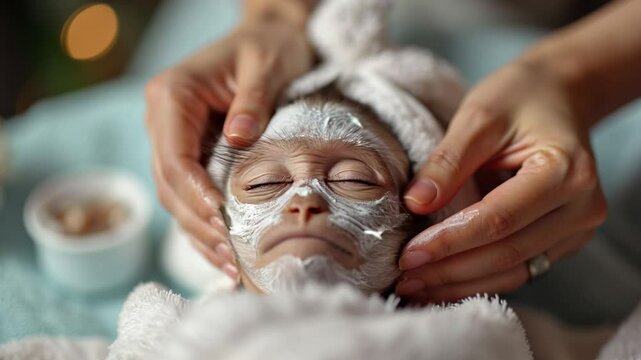 A little monkey enjoys a relaxing facial treatment with a white mask applied and a towel wrapped around their head at a spa