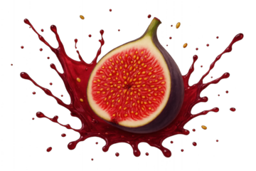 Single fig fruit surrounded by splashing blood, isolated on transparent background.