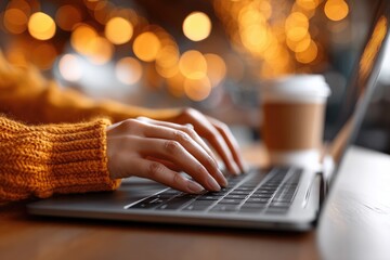 Close-up view of hands typing on a laptop at a cafe.