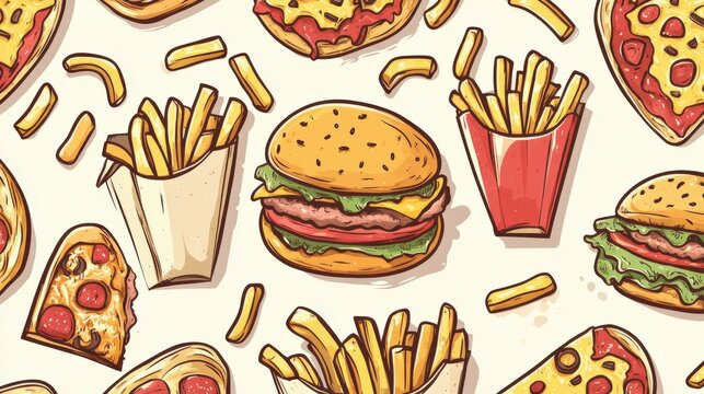 Colorful food pattern featuring burgers fries and pizzas with playful illustrations