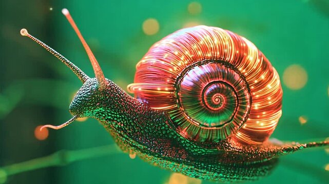 Snail's Graceful Glide: An exquisitely detailed view of a snail, showcasing the intricate spiral of its shell and its elegant movement against a blurred, vibrant backdrop.