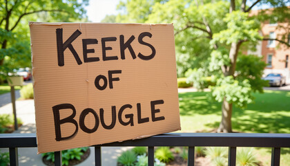 Fototapeta premium Sign promoting Keeks of Bougle in a green park setting 