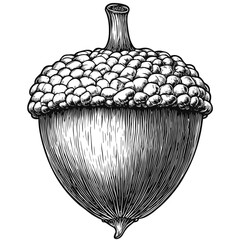 Woodcut Acorn Illustration, Vintage Monochrome Sketch, Engraved Style Vector, Black and White Nature Art, Autumn Nuts Design, Forest Plant Drawing, antique etching art, woodland emblem, © Vintage Studio