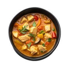 Chicken curry on black bowl top view isolated on white background