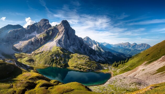 a beautiful mountain range with a lake in the middle