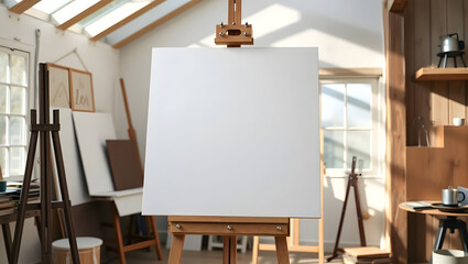 Blank Canvas on Easel in Sunlit Artist Studio
