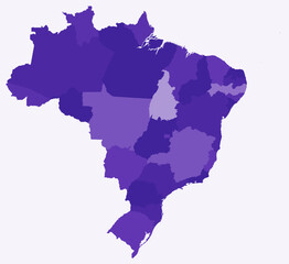 Map of Brazil with states. Just a simple country border map with state division. Deep purple color palette. Plain Brazil shape with administrative division. Vector illustration.