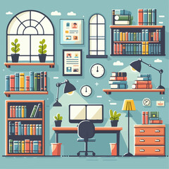 Cartoon illustration of a library with various books