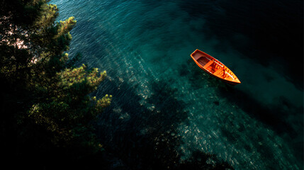 A scenic aerial shot of an orange boat on clear water, perfect for serene summer vacation vibe and nature picture taking