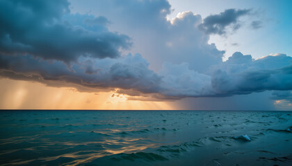 Obraz premium Dramatic Seascape with Storm Clouds and Sunlight Peeking Through 