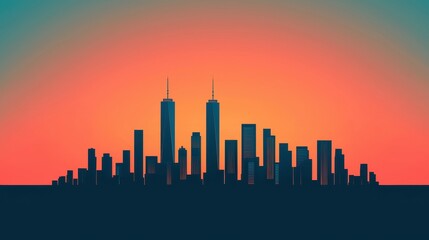 Fototapeta premium City skyline silhouette at sunset with vibrant orange and blue hues