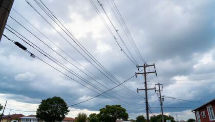 Power Lines Against Dramatic Cloudy Sky  