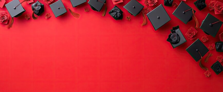 Graduation themed flatlay on red