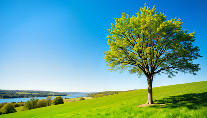 Fototapeta premium Lush green tree standing alone against clear blue sky 