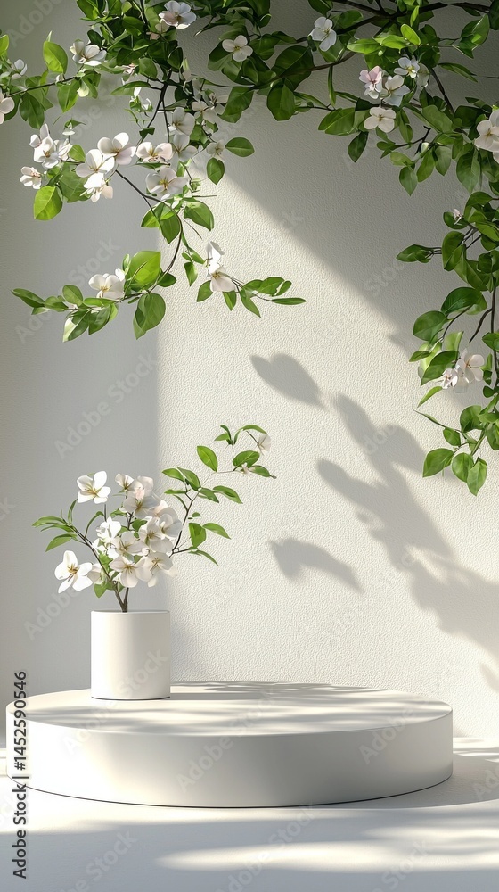 Poster a vase of delicate white flowers rests on a circular platform, bathed in soft sunlight, with gentle 