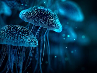 Abstract bioluminescent jellyfish glowing in the dark ocean, creating an ethereal and magical atmosphere. The deep blue color scheme adds to its enchanting allure. Ai generative
