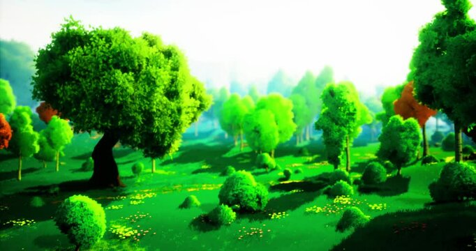 A serene landscape features a variety of trees in different shades of green, with patches of colorful flora under soft sunlight, creating a peaceful natural setting.