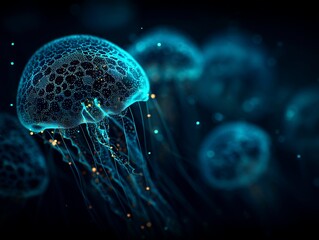 Abstract bioluminescent jellyfish glowing in the dark ocean, creating an ethereal and magical atmosphere. The deep blue color scheme adds to its enchanting allure. Ai generative