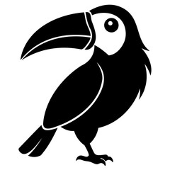 Toucan vector illustration of tropical bird with big beak drawing in black and white silhouette style design isolated on transparent background
