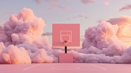 A pastel pink basketball court and hoop stand amidst dreamy, fluffy clouds under a serene sky at sunset.