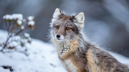 Obraz premium Close-up of Arctic fox with white fur blending into snow, in soft natural lighting