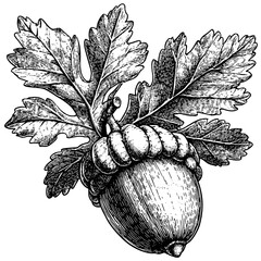 Oak Acorn illustration, vintage block print grunge texture, hand drawn forest element, black and white engraving style, retro woodland nut vector, rustic botanical sketch, © Vintage Studio