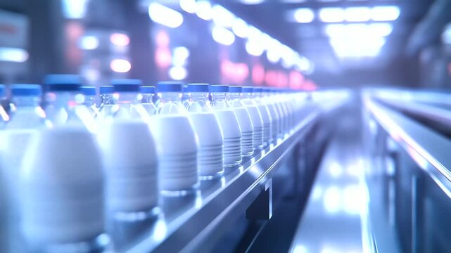A modern milk processing plant with rows of conveyor belts transporting milk bottles through quality control checkpoints, ensuring freshness and consistency.