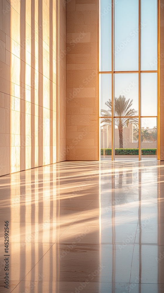 Poster sunlight fills a spacious interior with warm hues, creating a peaceful atmosphere. large windows sho